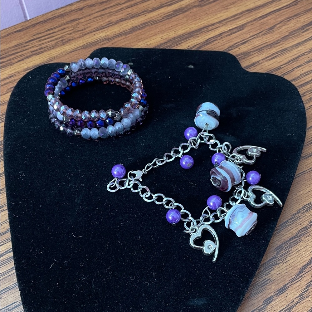 Purple and Silver Heart Charm Bracelet Set